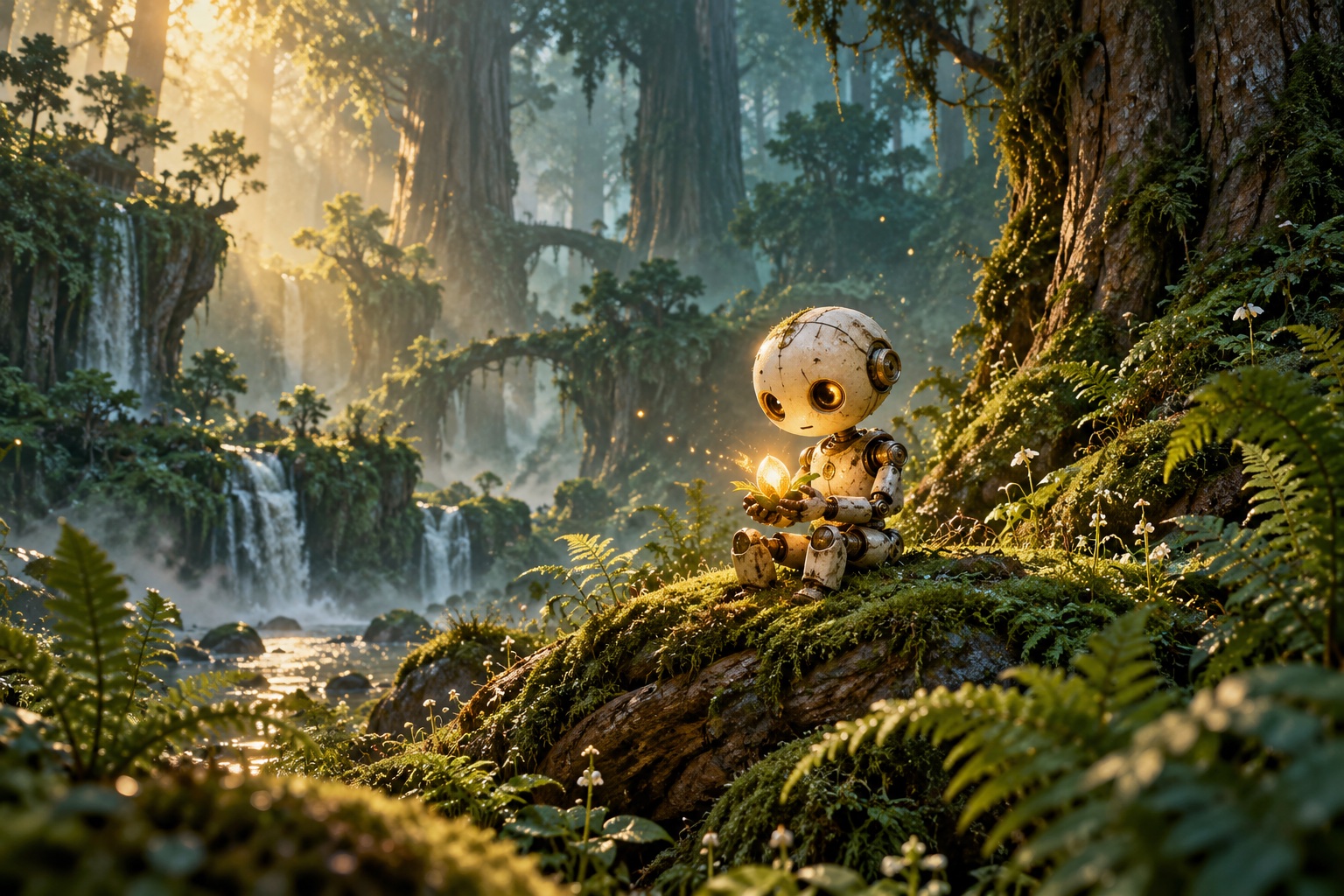 A small robot discovering a glowing seed in a vast forest