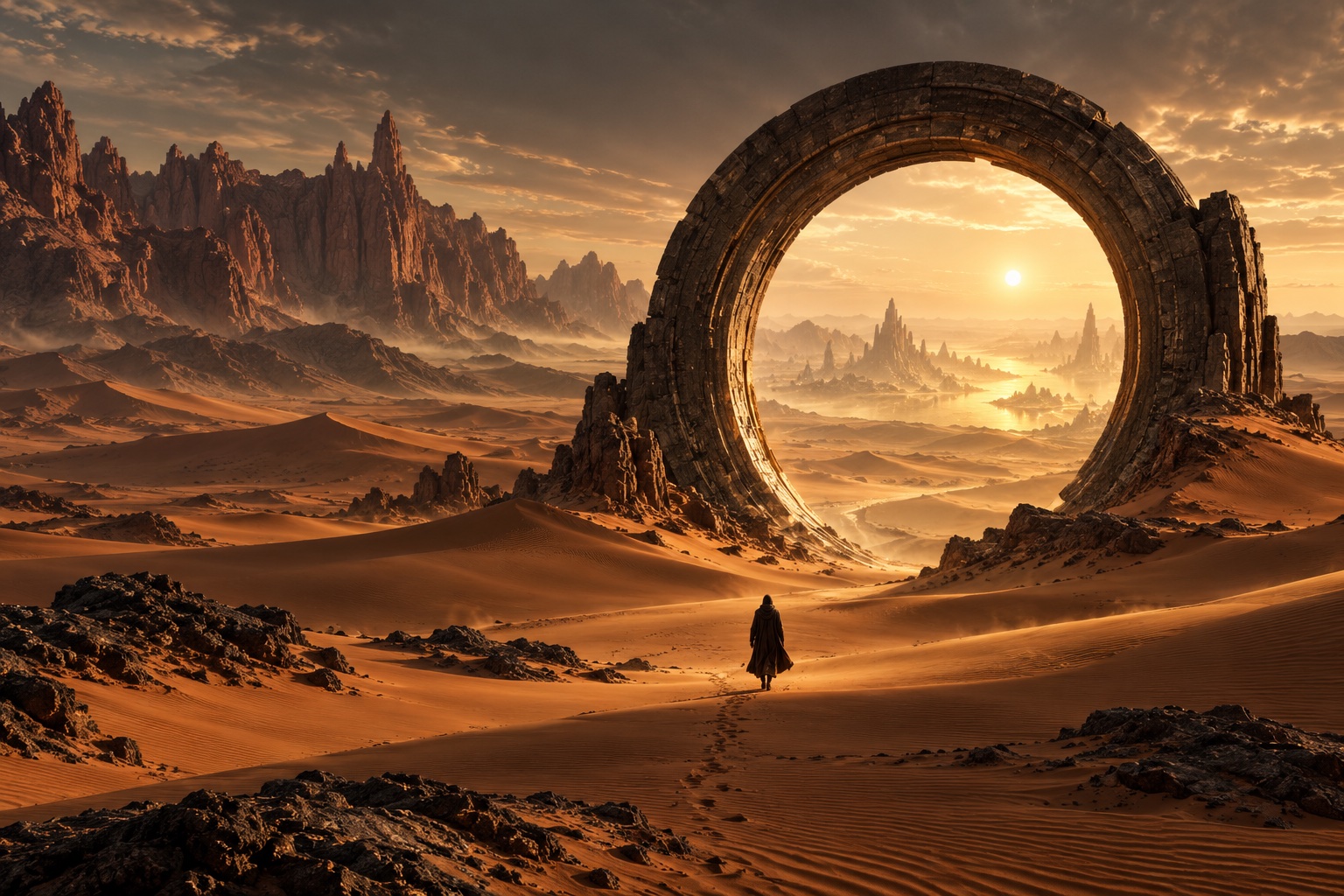 A lone traveler approaching a monumental stone ring in a golden desert
